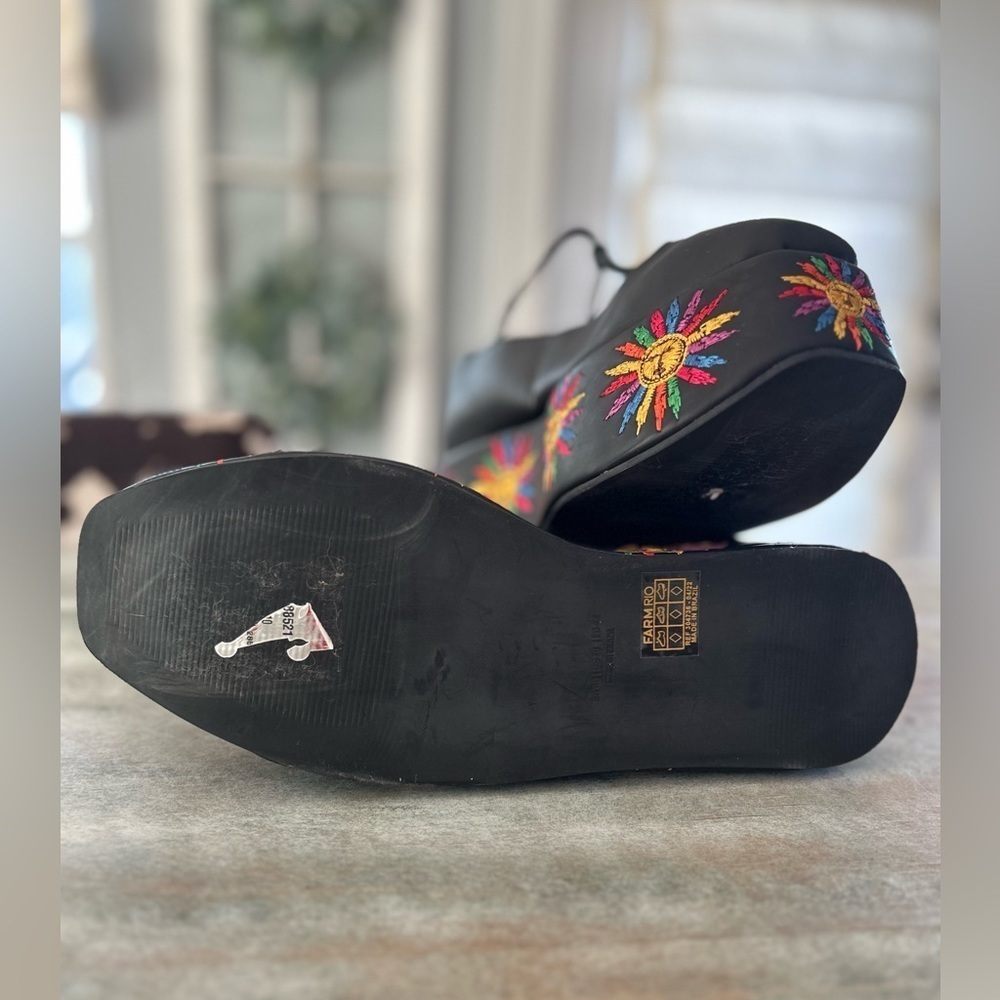 FARM Rio Black Platform Mary Janes with Multicolor Embroidered Sun Motif - Picture 6 of 8